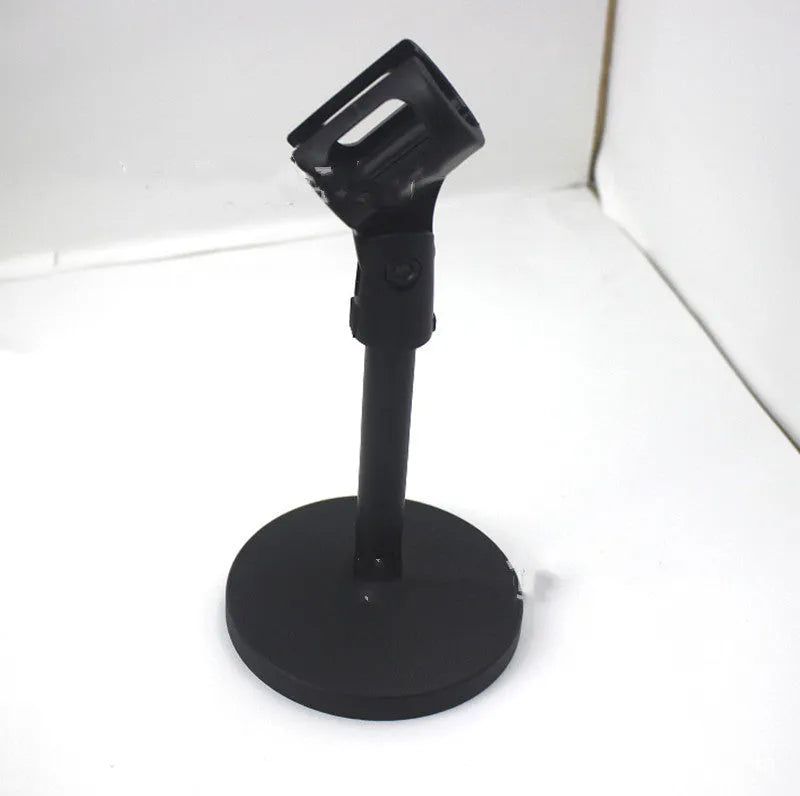 Black metal desktop microphone bracket with plastic clip on 10.5cm diameter base