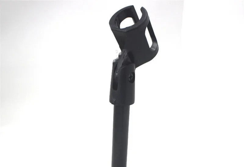Black metal desktop microphone bracket with plastic clip on 10.5cm diameter base