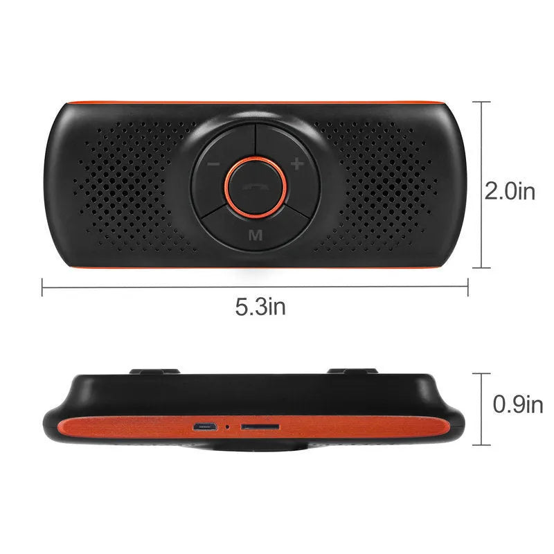 Orange plastic Bluetooth car hands-free speaker unit designed for sun visor mounting.