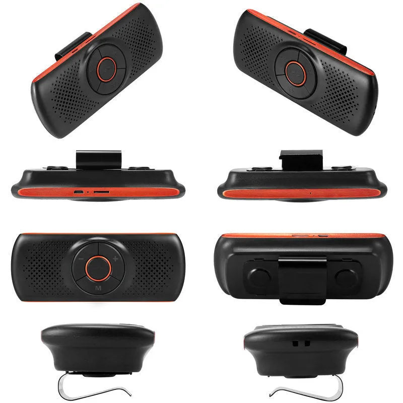 Orange plastic Bluetooth car hands-free speaker unit designed for sun visor mounting.