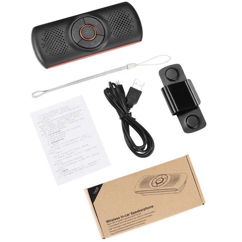 Orange plastic Bluetooth car hands-free speaker unit designed for sun visor mounting.