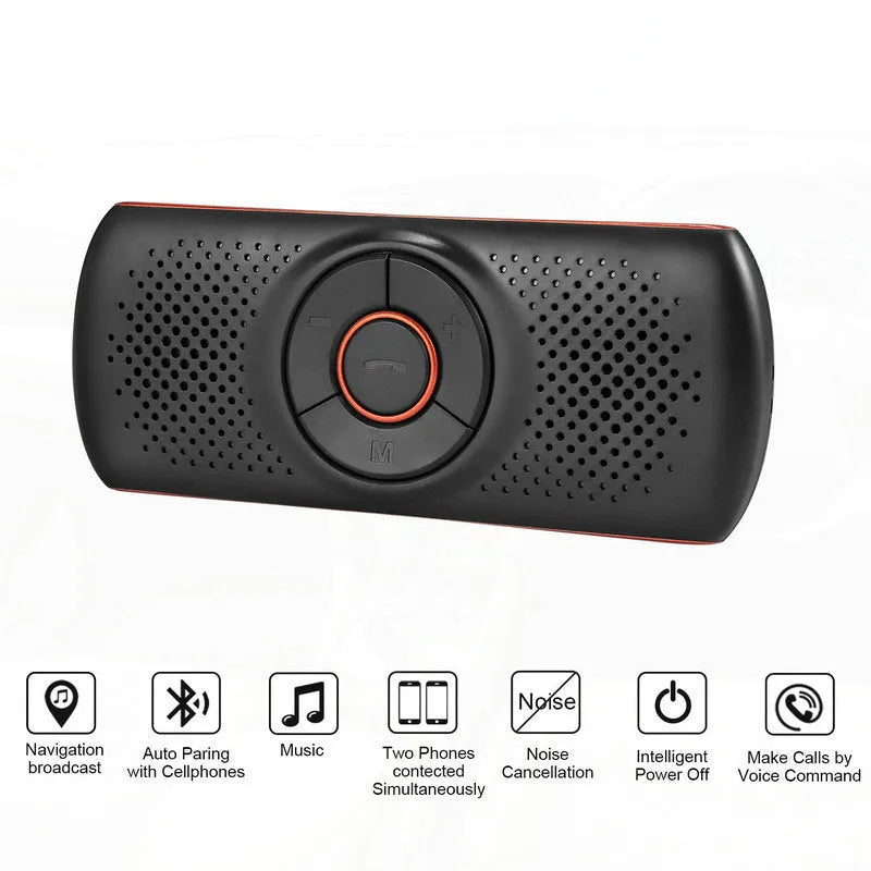 Orange plastic Bluetooth car hands-free speaker unit designed for sun visor mounting.