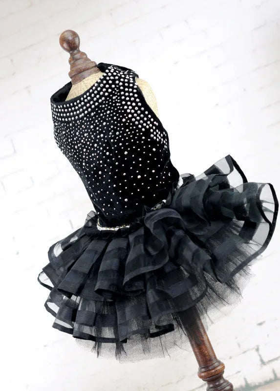 Black polyester princess-style dog skirt for small to large pets on white background