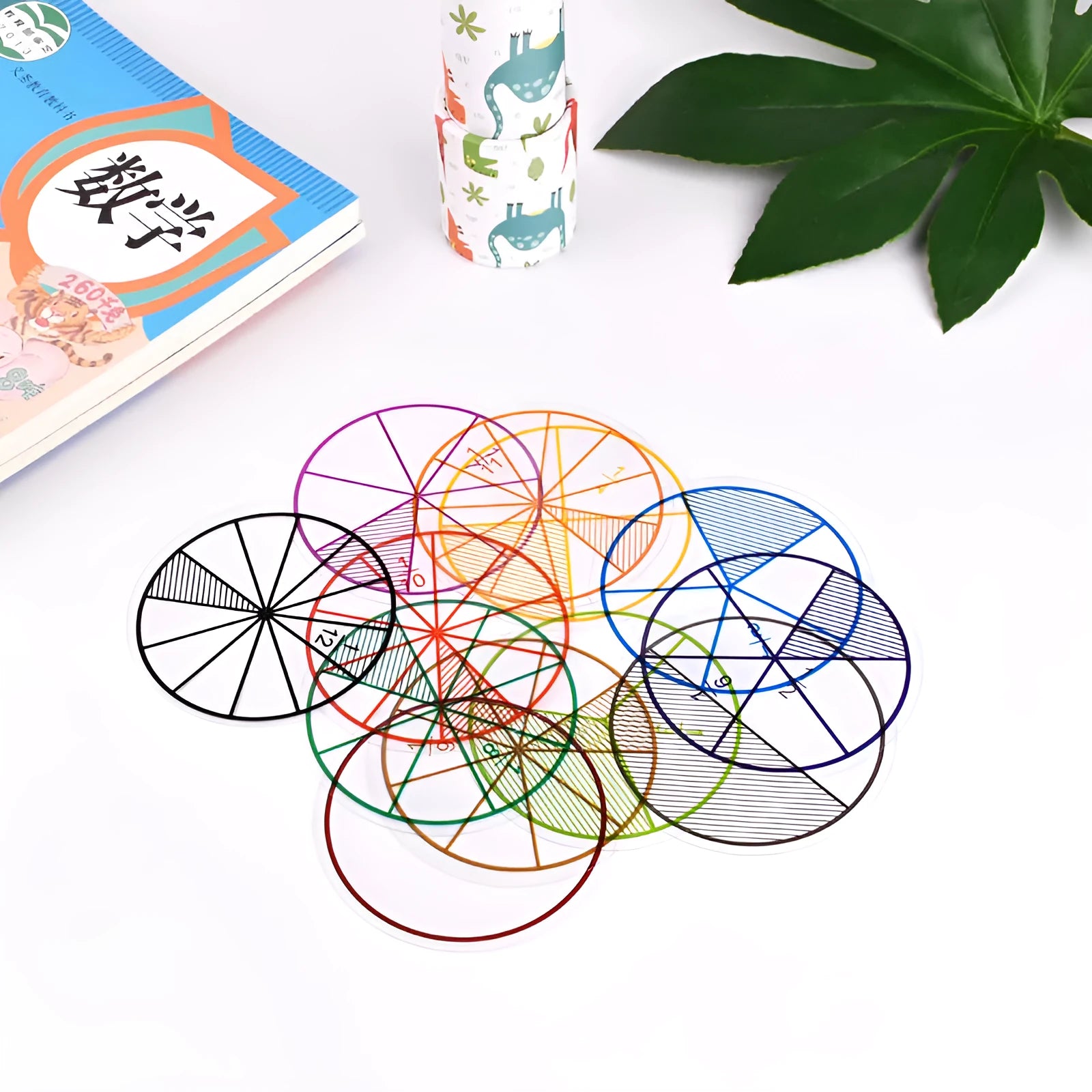 Primary school mathematics teaching aids set showing fraction plates, circles, and addition-subtraction models