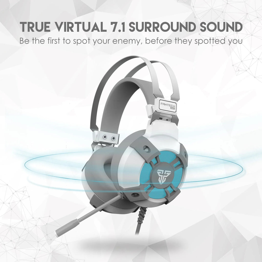Black FANTECH HG11 USB gaming headset with large earcups, an adjustable microphone, and RGB lighting on the sides.