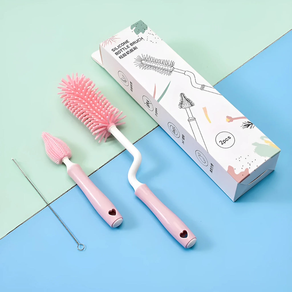 Silicone baby bottle brush set with straw cleaning attachment in multiple colours