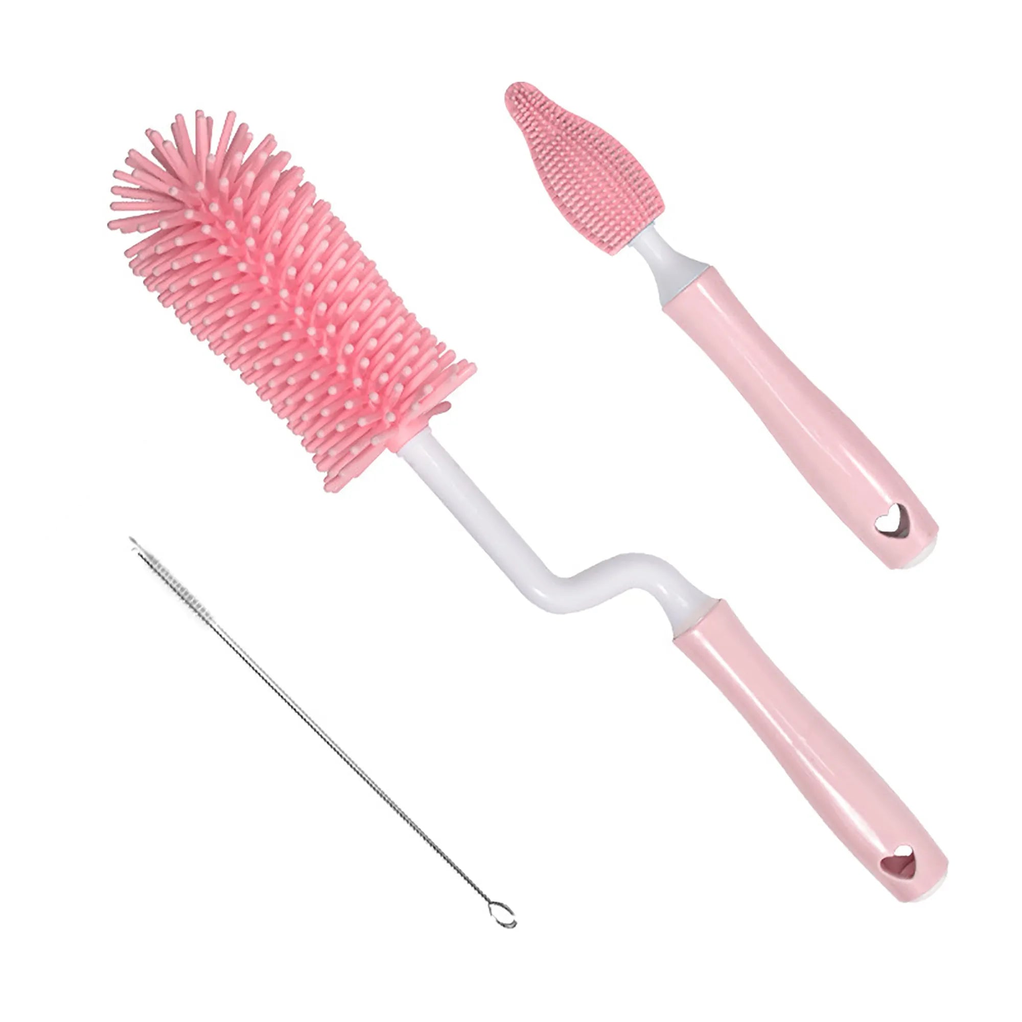 Silicone baby bottle brush set with straw cleaning attachment in multiple colours