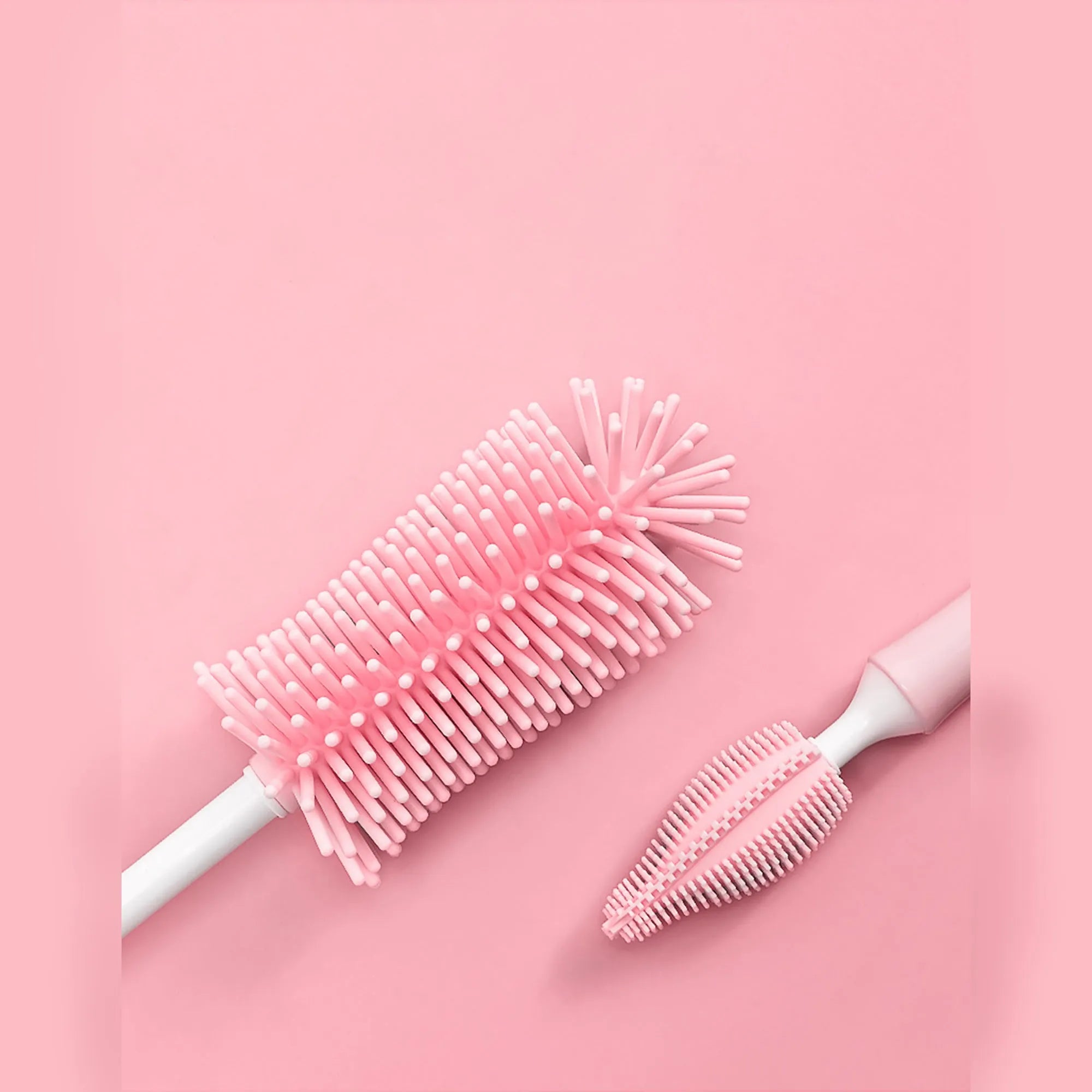 Silicone baby bottle brush set with straw cleaning attachment in multiple colours