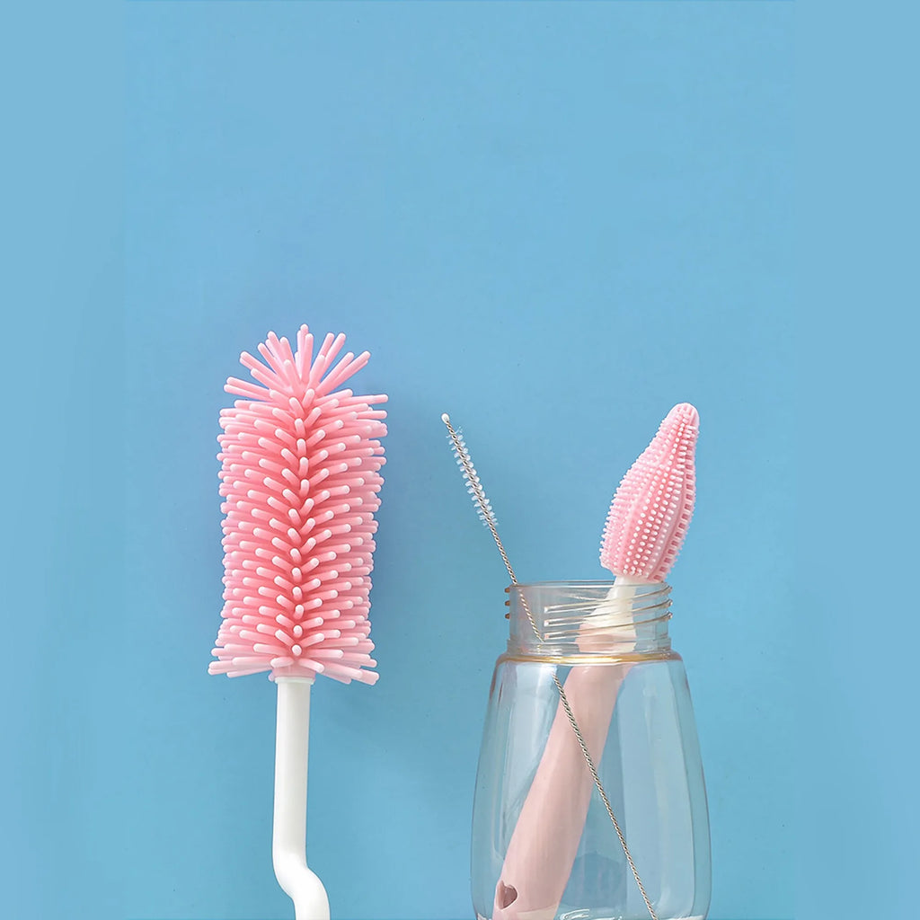 Silicone baby bottle brush set with straw cleaning attachment in multiple colours
