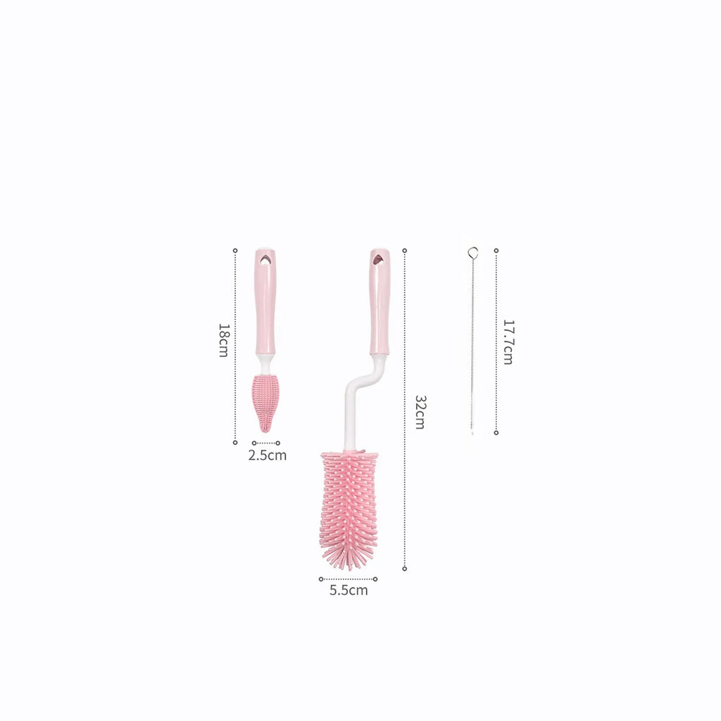 Silicone baby bottle brush set with straw cleaning attachment in multiple colours