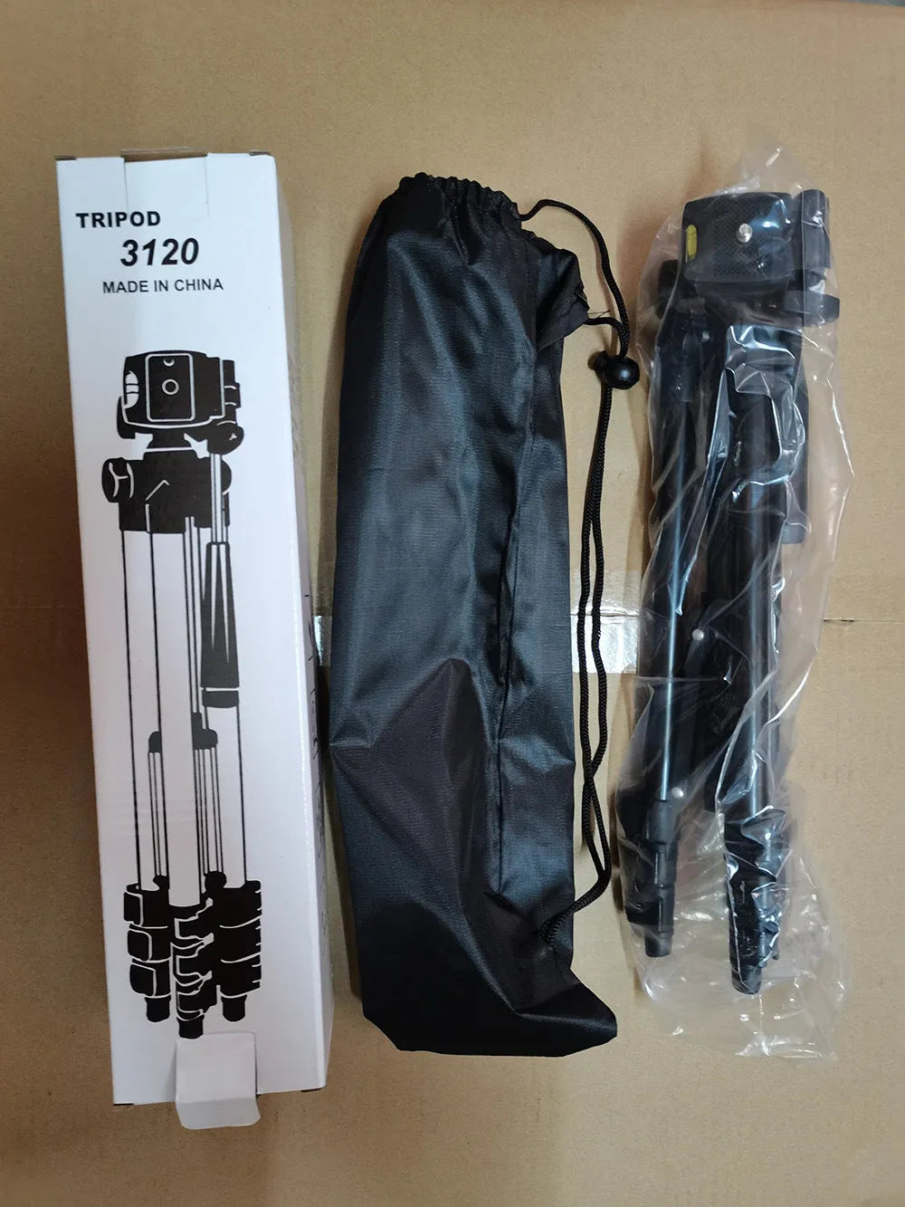 Black aluminium alloy camera tripod with four sections and a 3D head, shown fully extended.