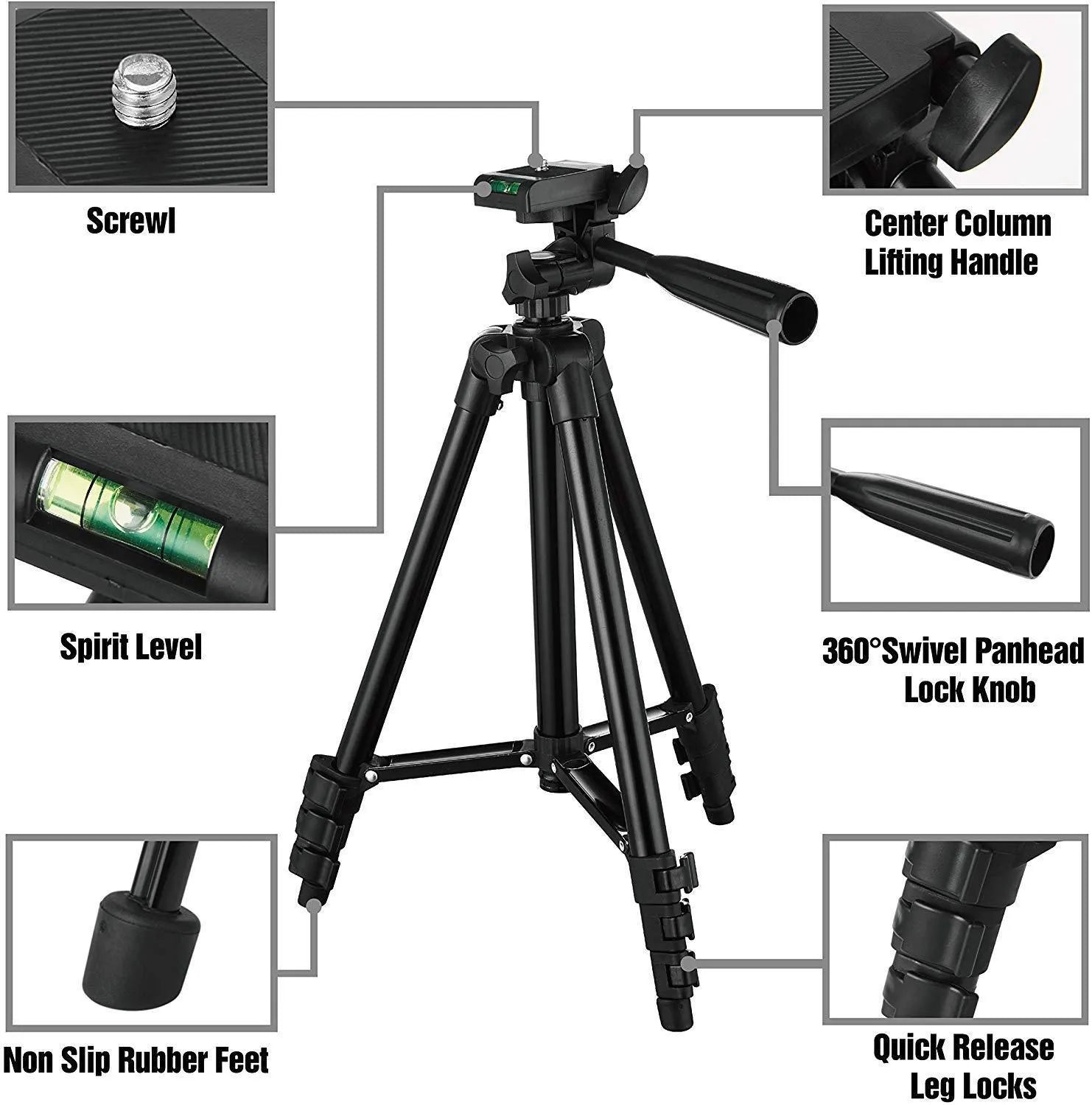 Black aluminium alloy camera tripod with four sections and a 3D head, shown fully extended.