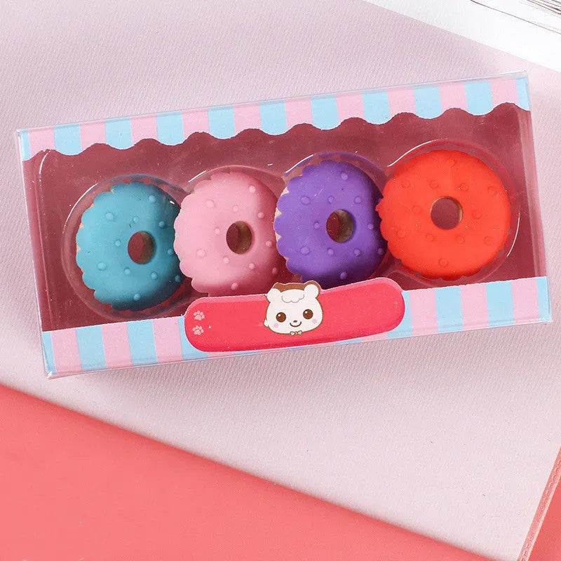Cartoon eraser gift set with 12 food-themed designs including ice cream cones and donuts