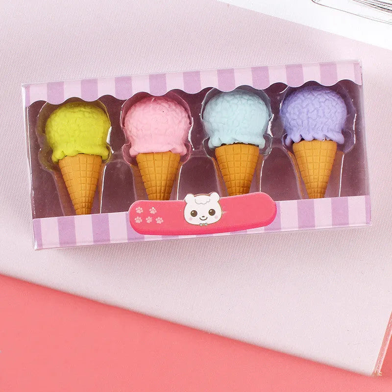Cartoon eraser gift set with 12 food-themed designs including ice cream cones and donuts
