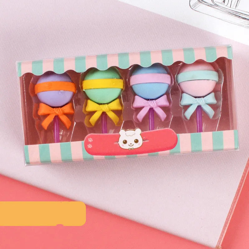 Cartoon eraser gift set with 12 food-themed designs including ice cream cones and donuts