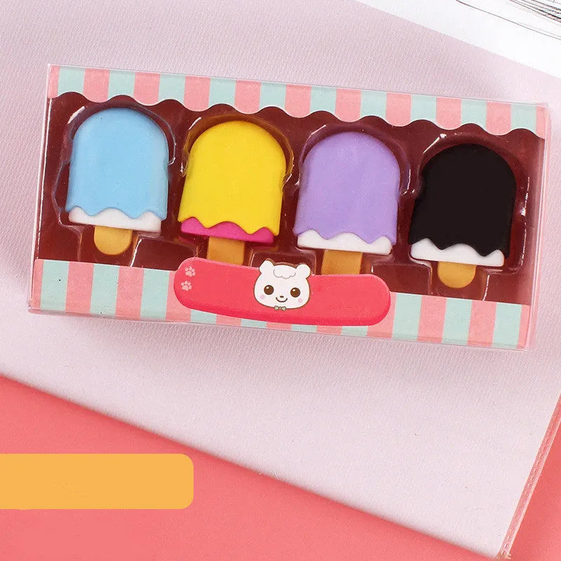 Cartoon eraser gift set with 12 food-themed designs including ice cream cones and donuts
