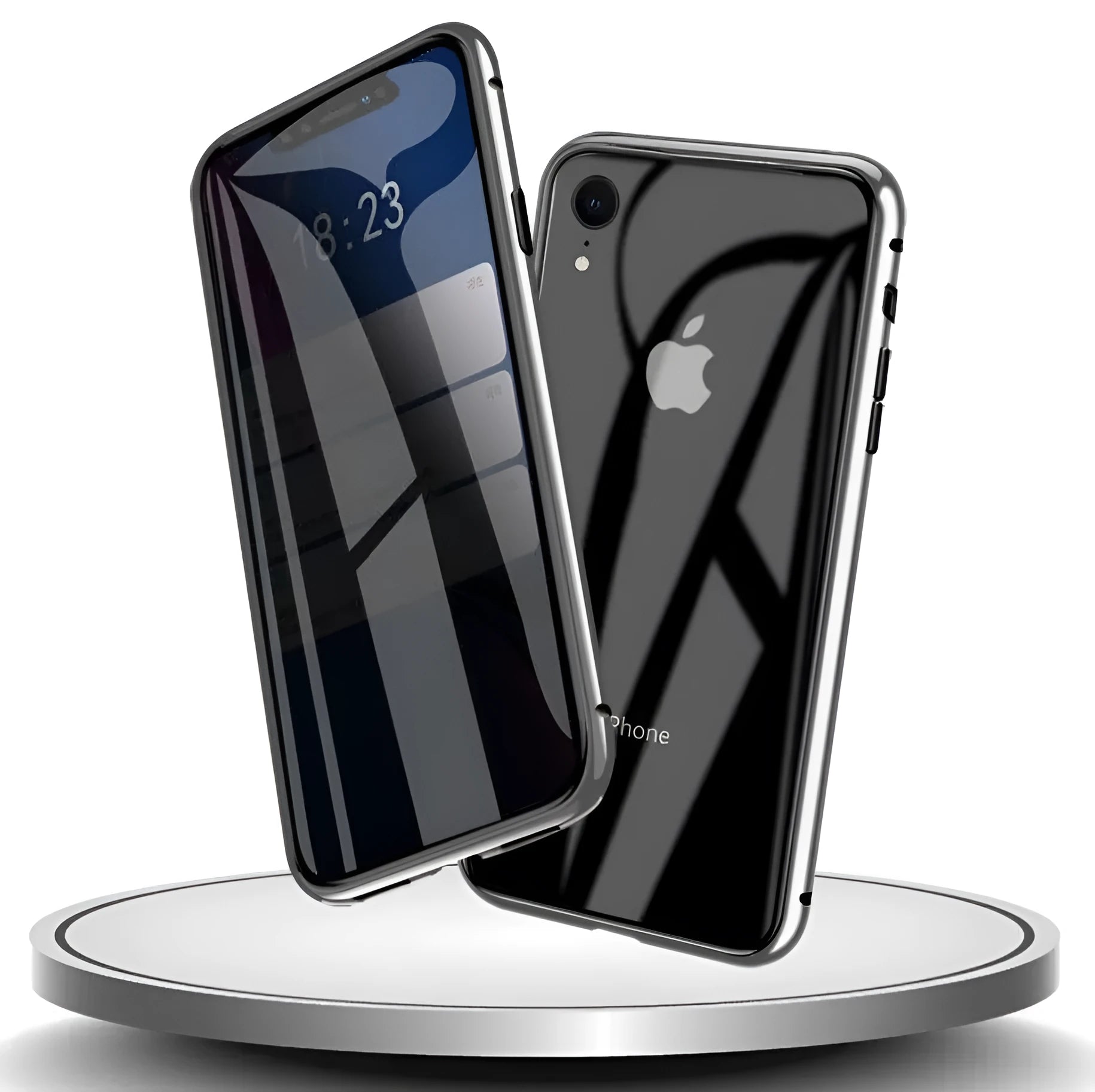 Geometric patterned glass clamshell privacy case for iPhone on a table.