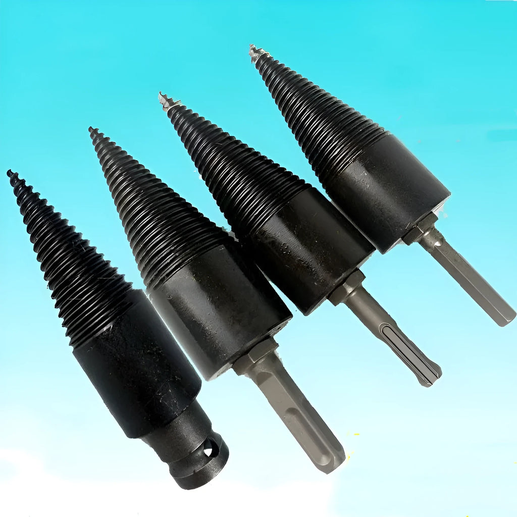 Hexagonal shaft firewood splitting drill bit attachment for electric drills and hammers.