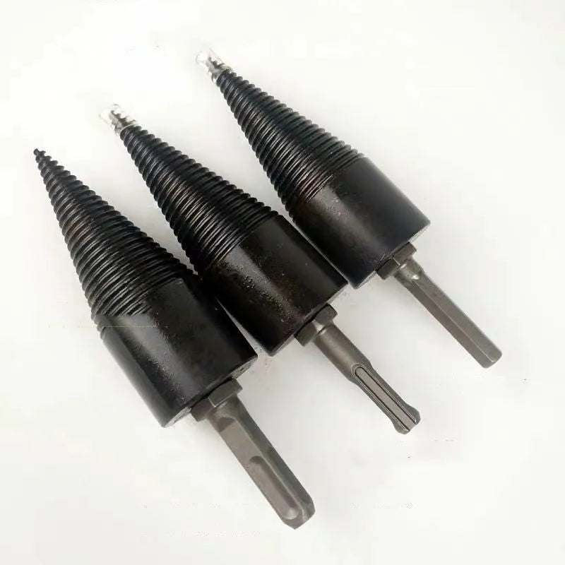 Hexagonal shaft firewood splitting drill bit attachment for electric drills and hammers.