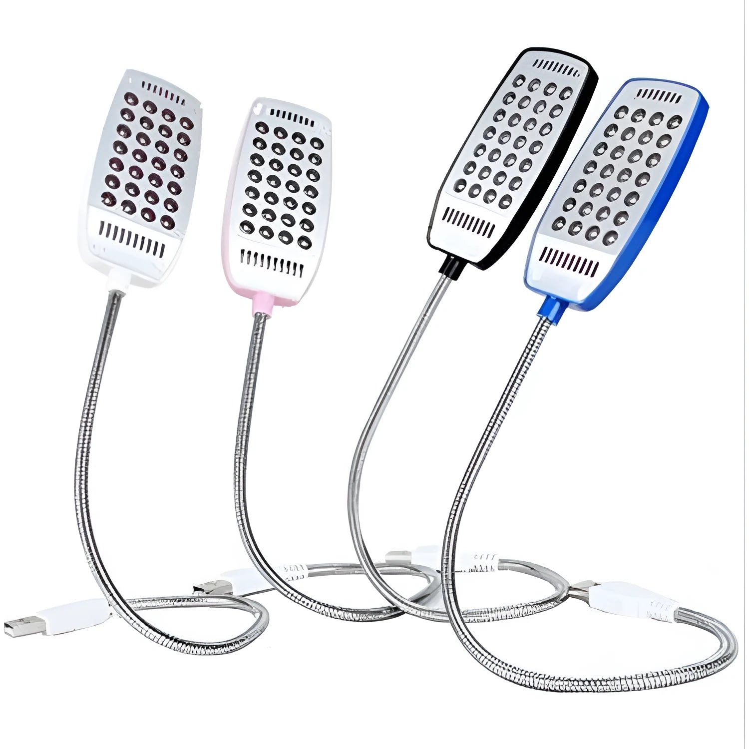 Flexible USB LED lamp with gooseneck design in black, white, blue, or pink colours
