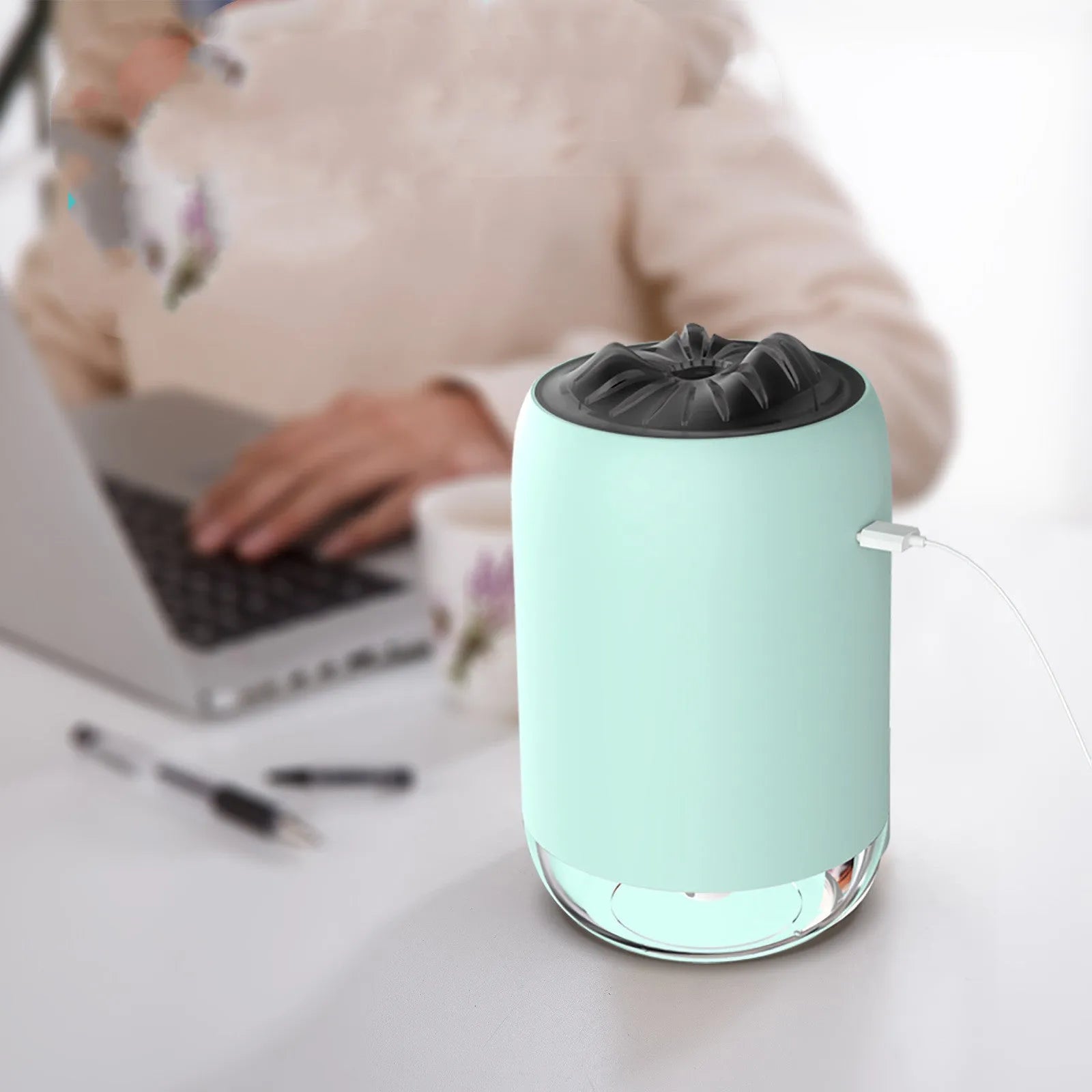 Magic Flame columnar humidifier diffuser in white with USB cable and single fog outlet
