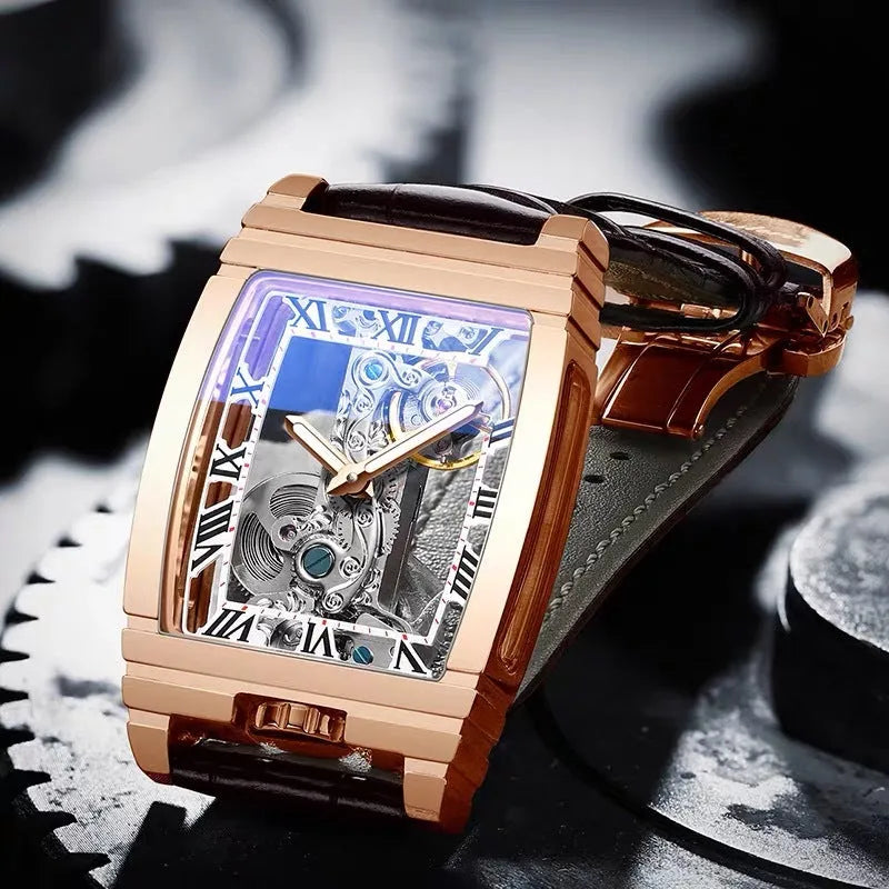 Daystar square stainless steel mechanical watch with leather strap on wrist