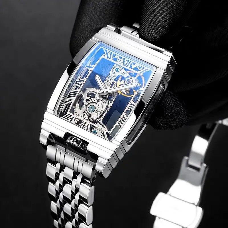 Daystar square stainless steel mechanical watch with leather strap on wrist