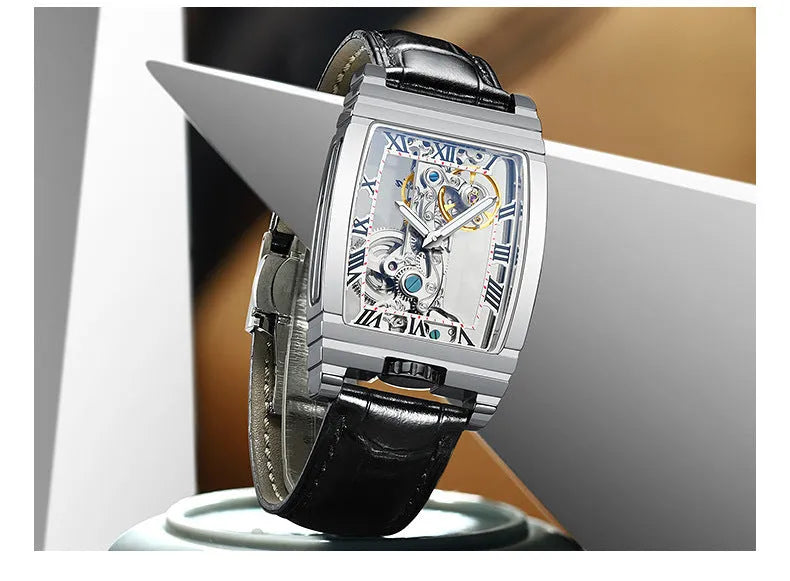 Daystar square stainless steel mechanical watch with leather strap on wrist