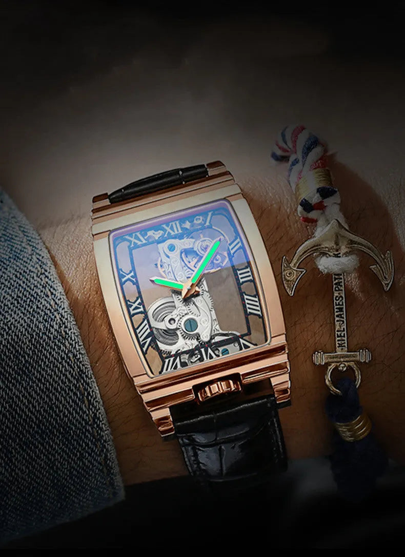 Daystar square stainless steel mechanical watch with leather strap on wrist