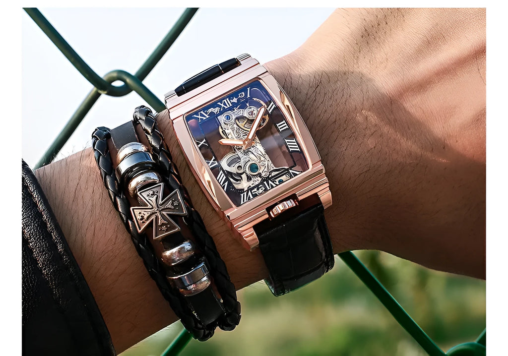 Daystar square stainless steel mechanical watch with leather strap on wrist