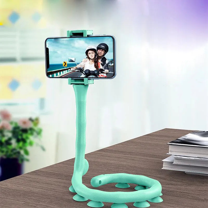 Lazy Bracket flexible mobile phone holder with suction cup mount extended to 62cm length showing 360° rotation mechanism