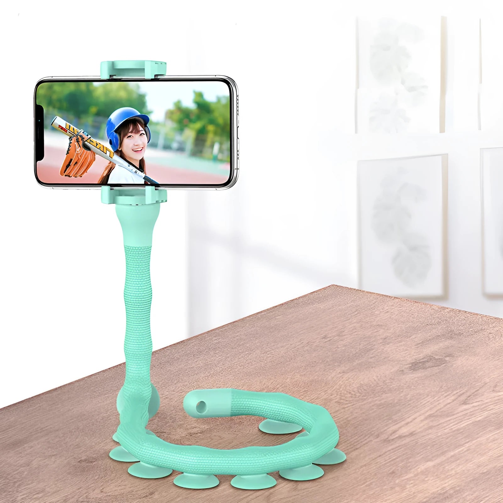 Lazy Bracket flexible mobile phone holder with suction cup mount extended to 62cm length showing 360° rotation mechanism