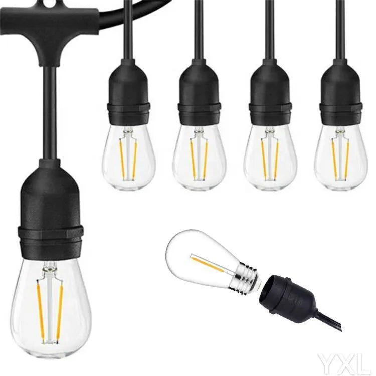 Black decorative light string showing 15 metre version with bulbs and 5 metre customisable option