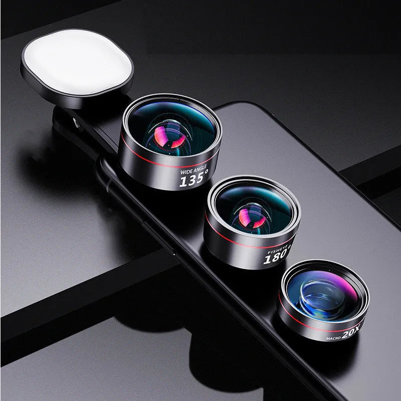 Universal smartphone fill light attachment with triple lens kit for mobile photography