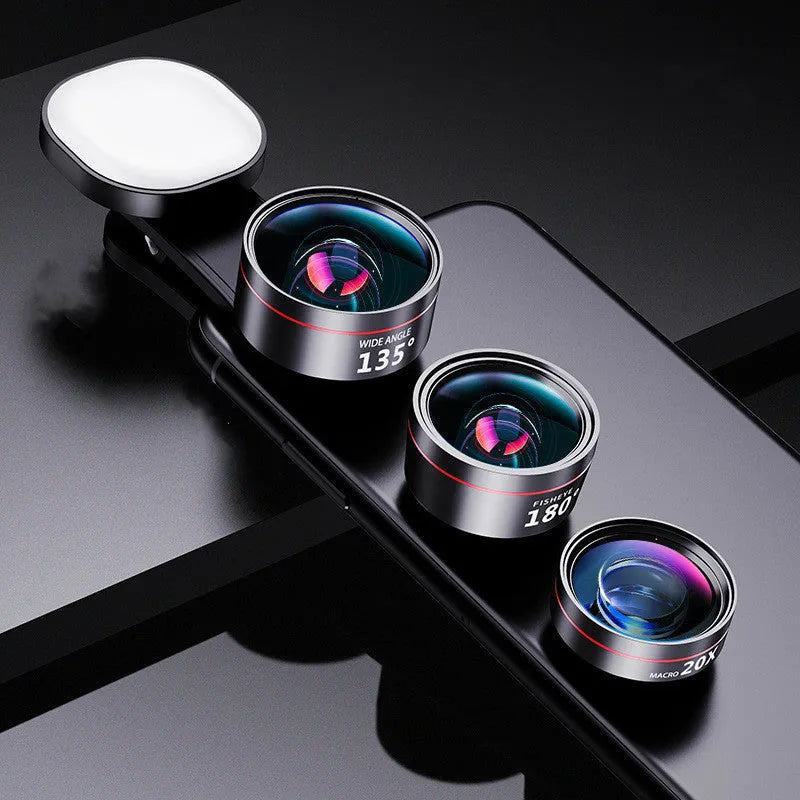 Universal smartphone fill light attachment with triple lens kit for mobile photography