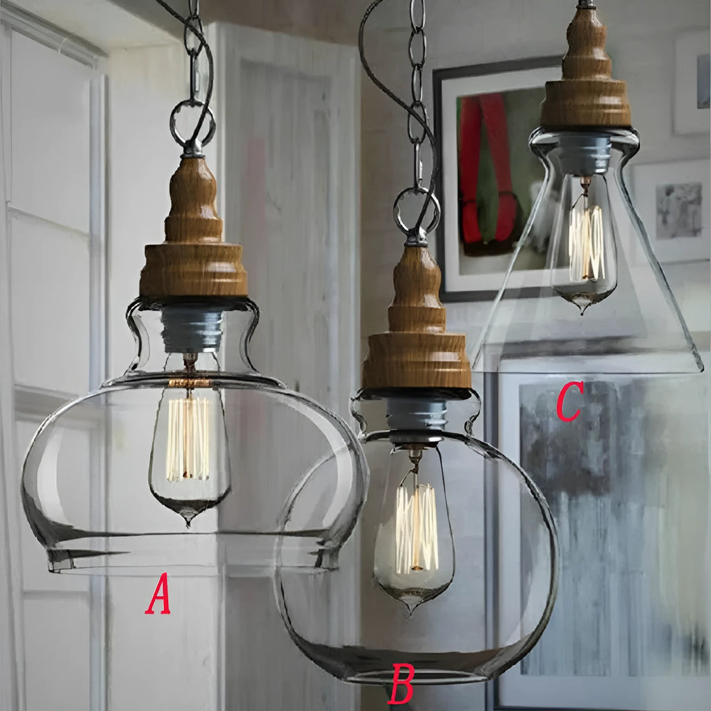 Glass single head pendant light with wood grain finish and adjustable height mechanism