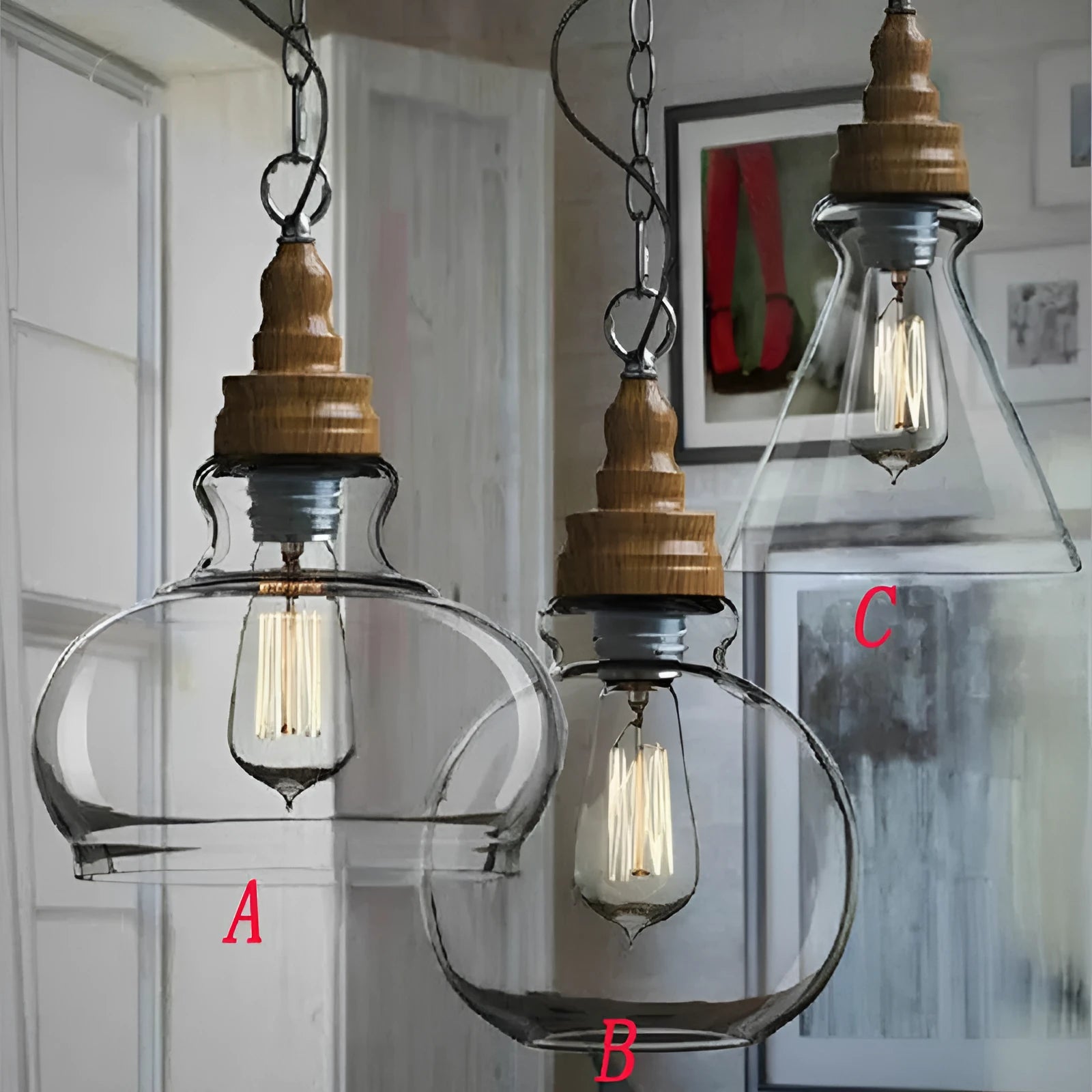 Glass single head pendant light with wood grain finish and adjustable height mechanism