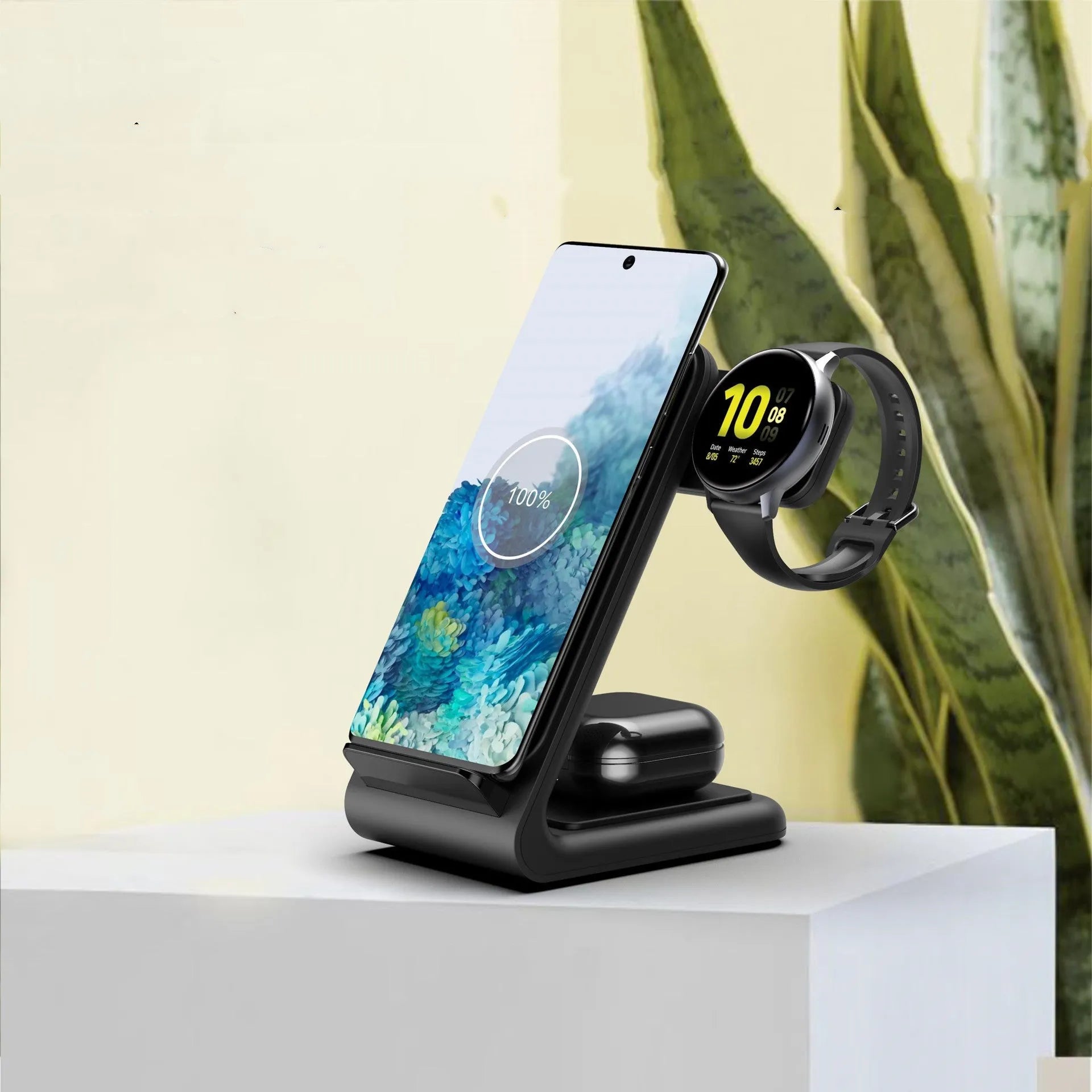 Three-in-one wireless charging bracket for mobile phone, smartwatch and earbuds