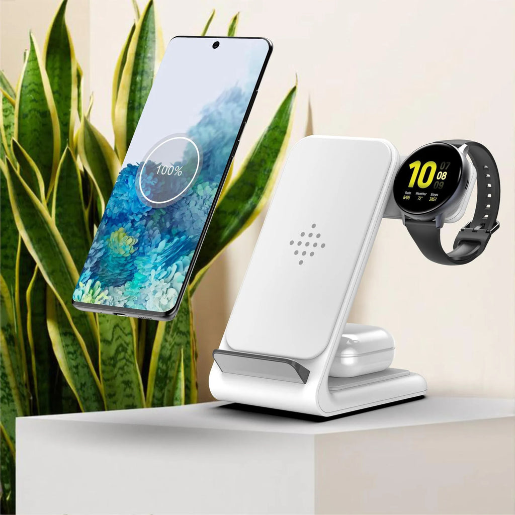 Three-in-one wireless charging bracket for mobile phone, smartwatch and earbuds
