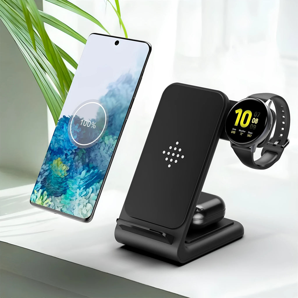 Three-in-one wireless charging bracket for mobile phone, smartwatch and earbuds