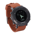 Black smart sports watch with stainless steel bezel on a wrist, showing GPS navigation and heart rate data on its display.