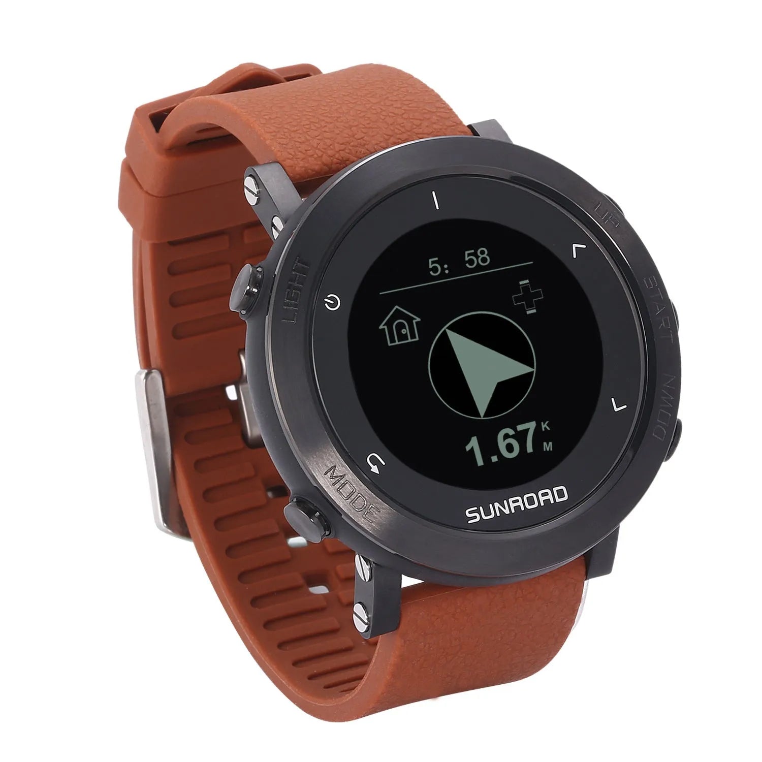 Black smart sports watch with stainless steel bezel on a wrist, showing GPS navigation and heart rate data on its display.