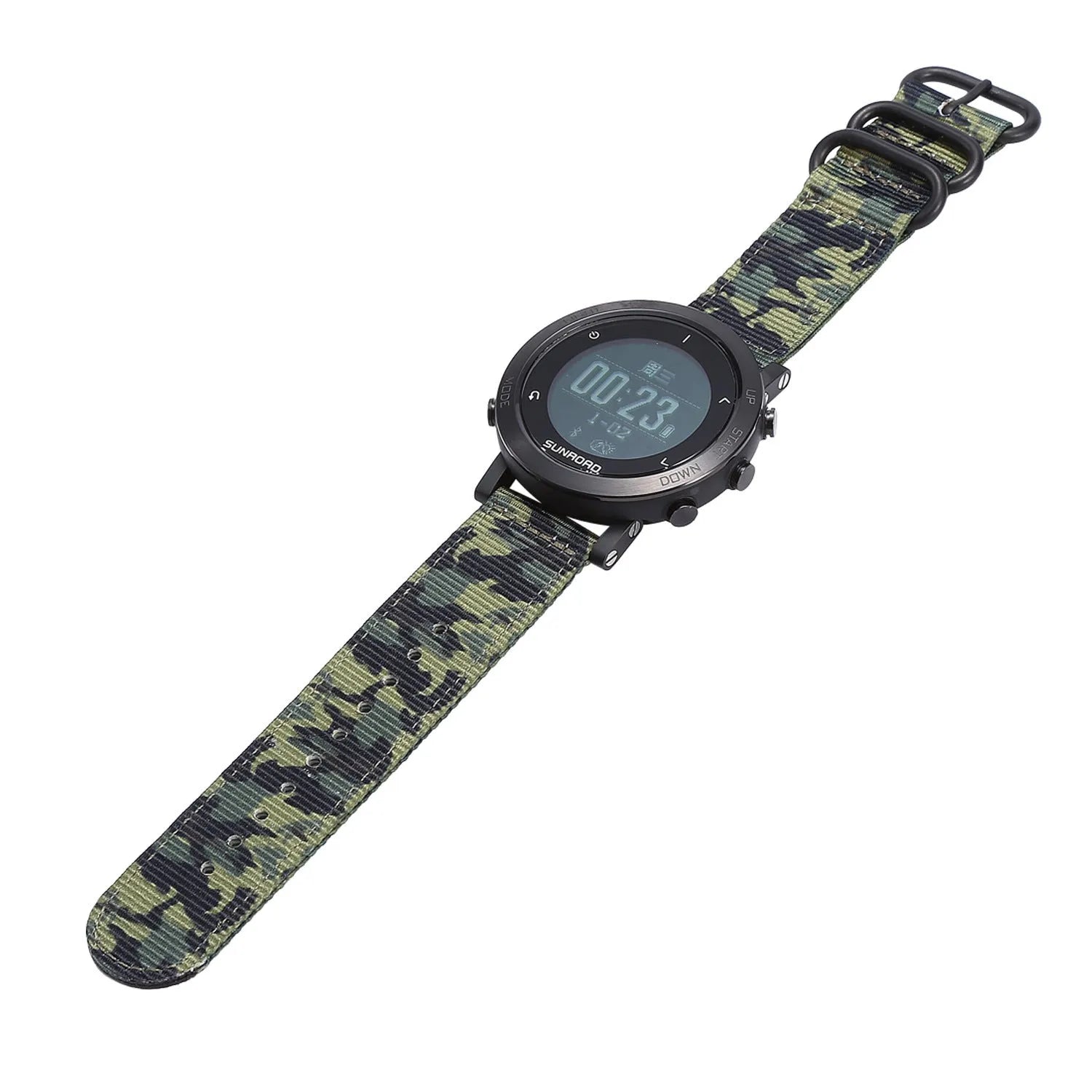 Black smart sports watch with stainless steel bezel on a wrist, showing GPS navigation and heart rate data on its display.