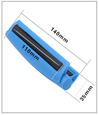 Manual plastic cigarette maker for shredded tobacco, shown in multiple colours with 110mm length.