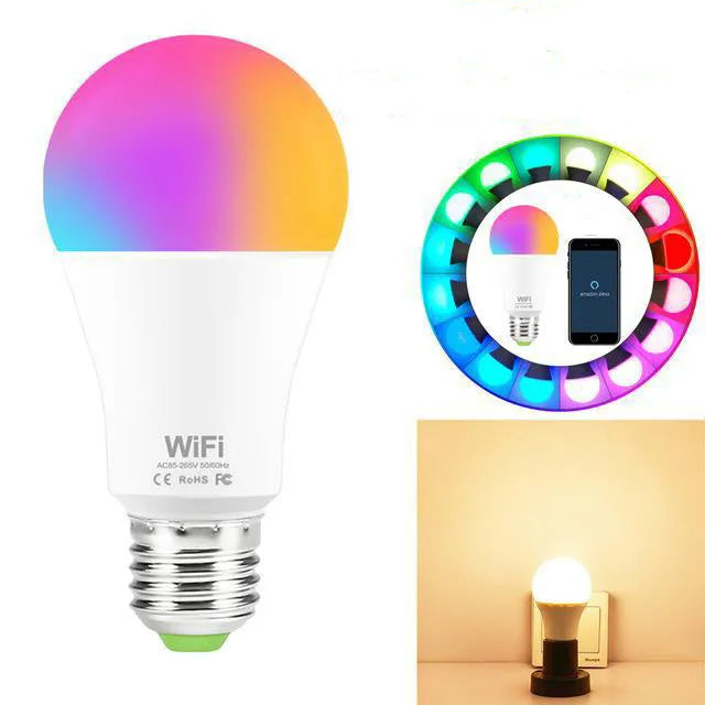 A 15W equivalent WiFi smart LED light bulb with E27 screw cap, shown in white and warm white colours.