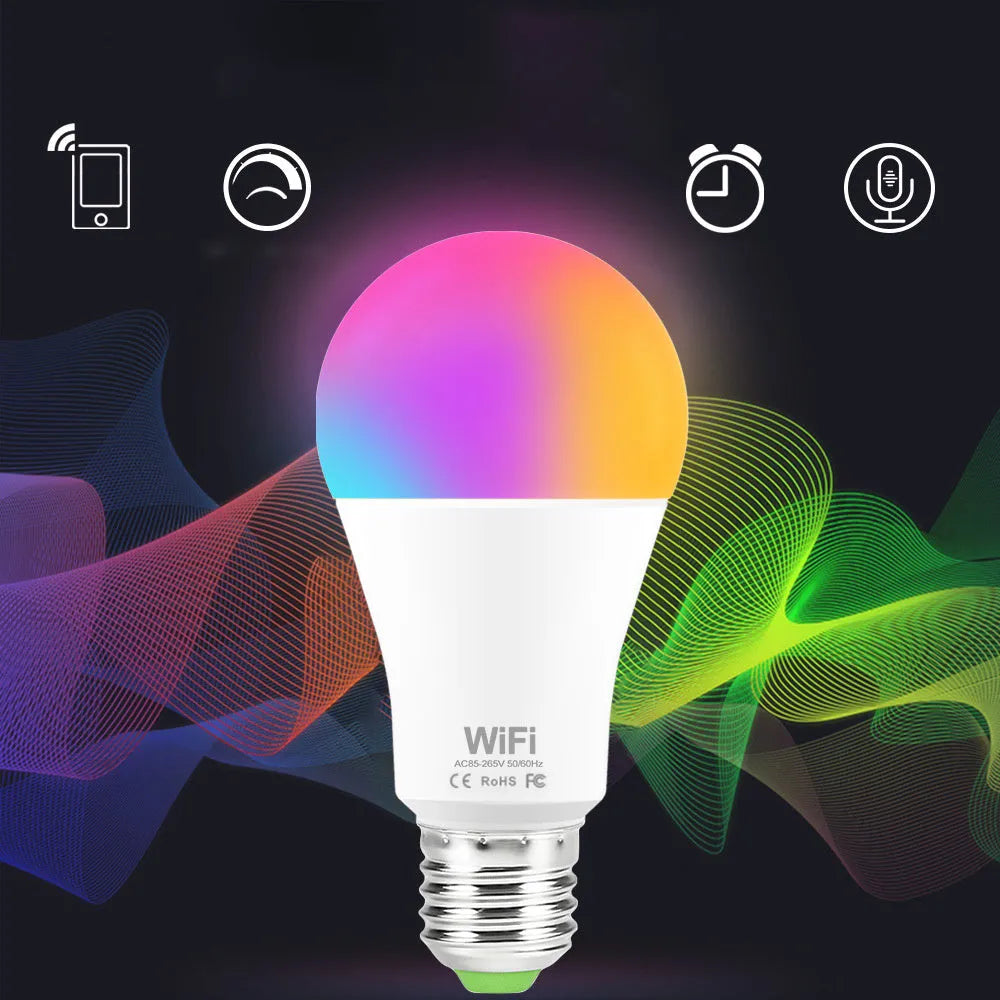 A 15W equivalent WiFi smart LED light bulb with E27 screw cap, shown in white and warm white colours.