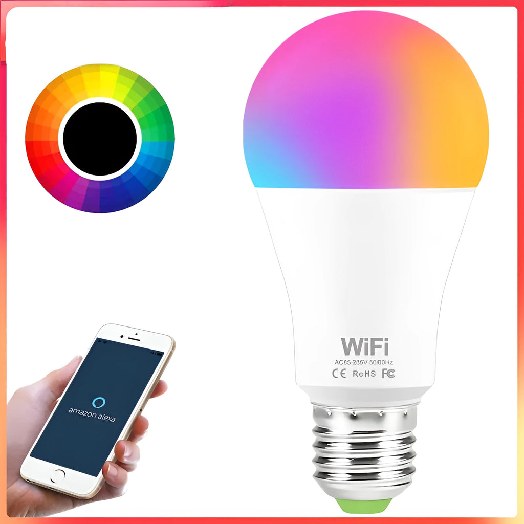 A 15W equivalent WiFi smart LED light bulb with E27 screw cap, shown in white and warm white colours.
