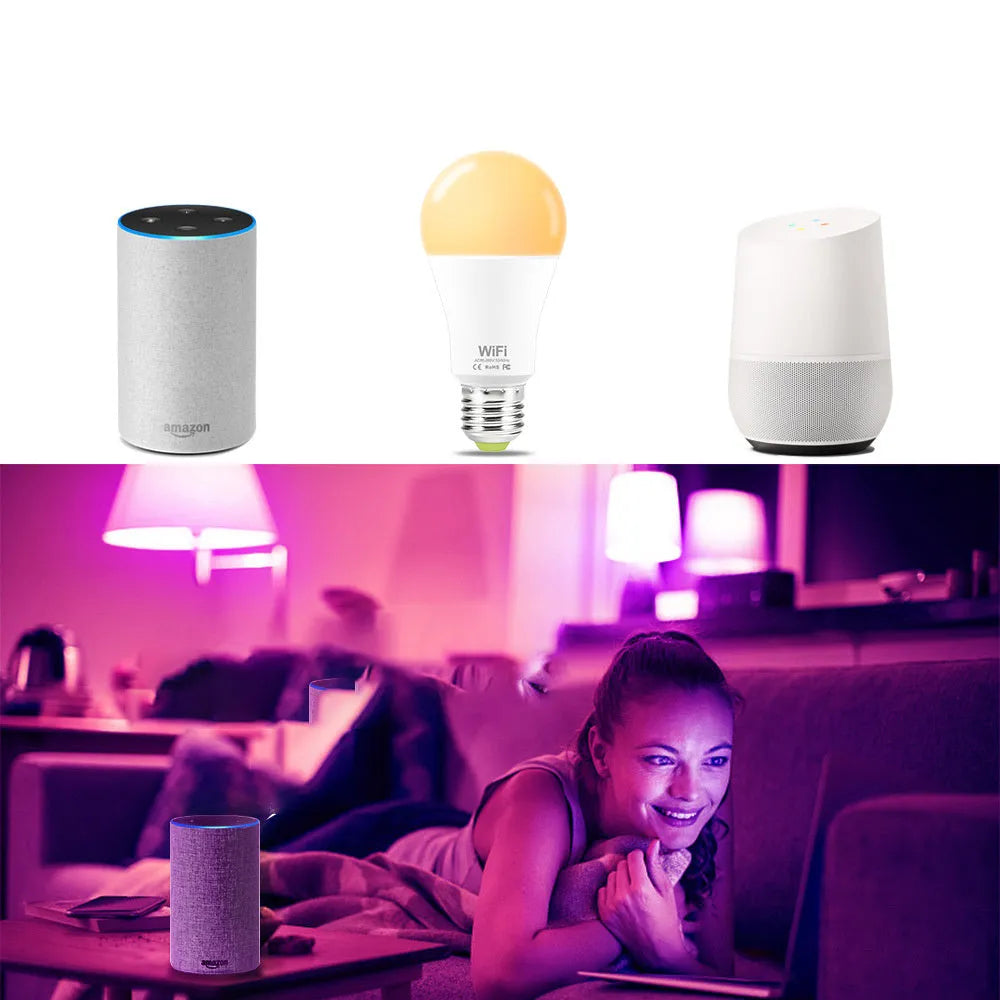 A 15W equivalent WiFi smart LED light bulb with E27 screw cap, shown in white and warm white colours.