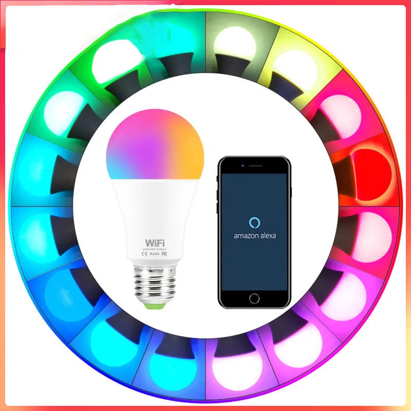 A 15W equivalent WiFi smart LED light bulb with E27 screw cap, shown in white and warm white colours.