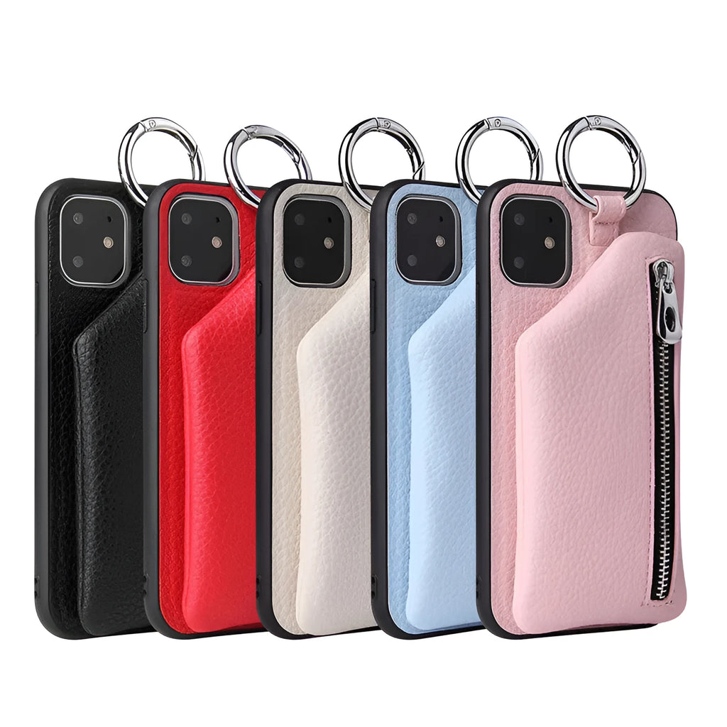 Solid colour PU leather phone case with card slot and attached crossbody lanyard.